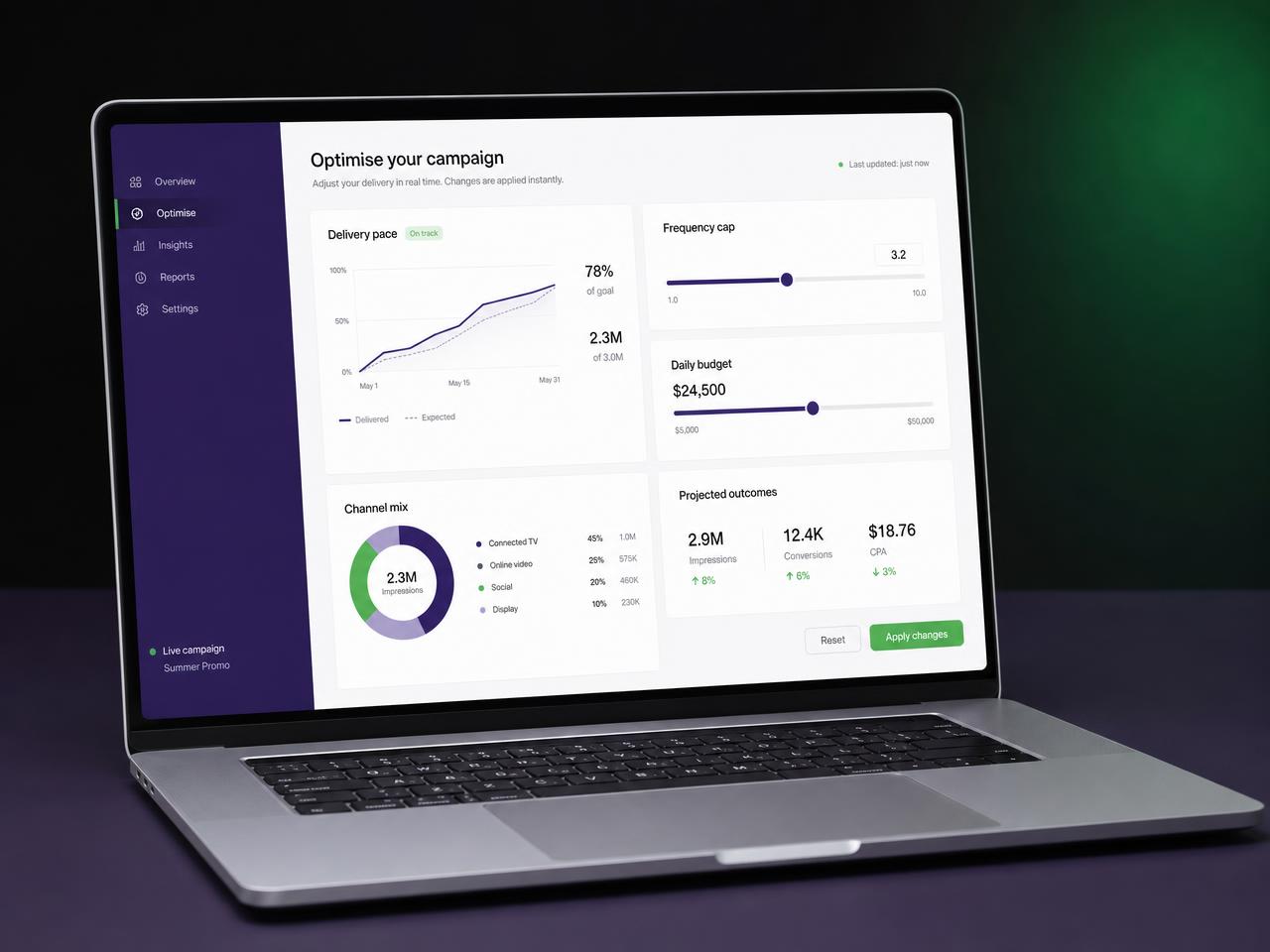 Nyo — Live Optimisation dashboard on a laptop